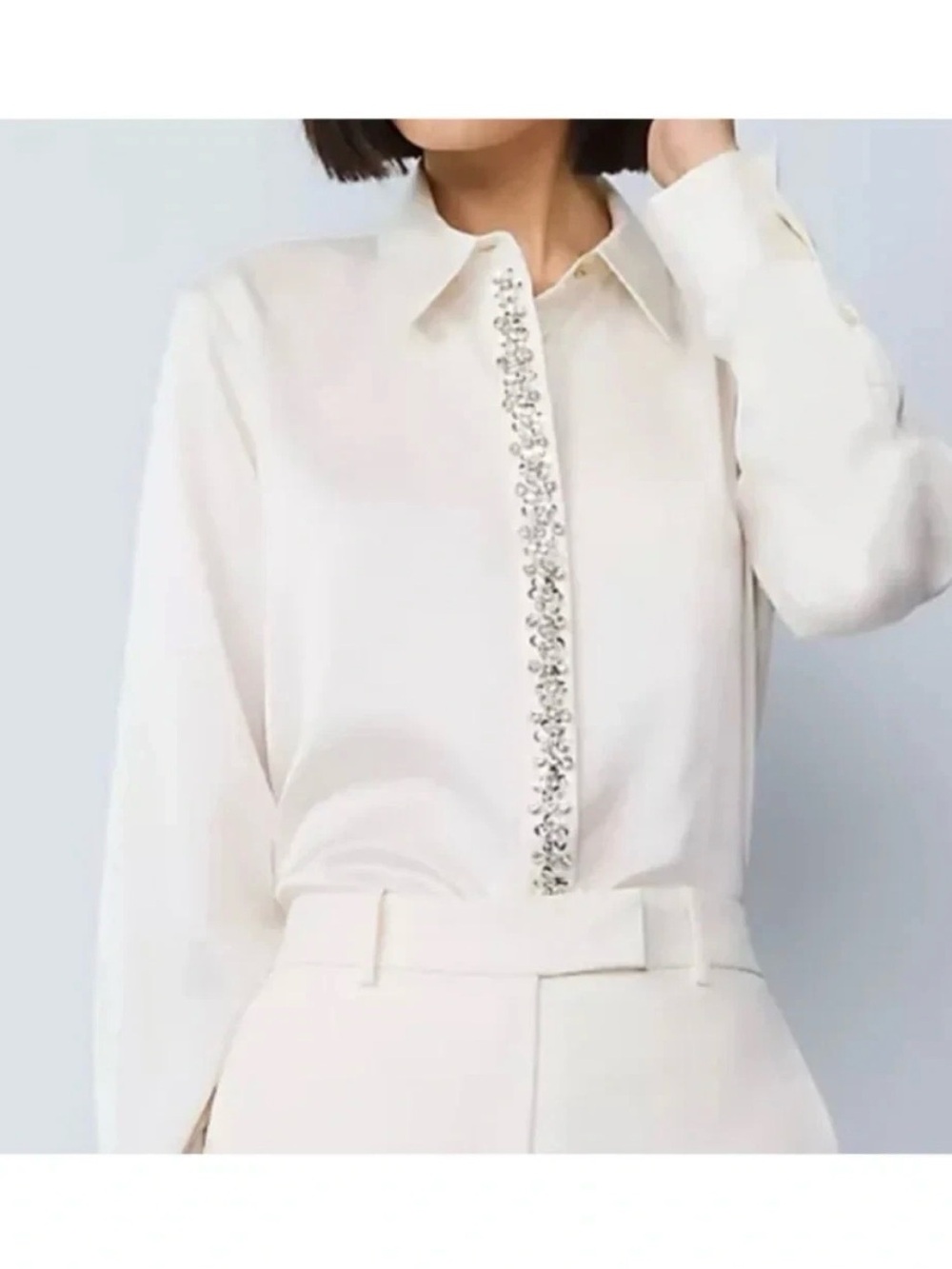 NWT $119 Ann Taylor Women's Embellished Satin blouse Collared rhinestones sz L
